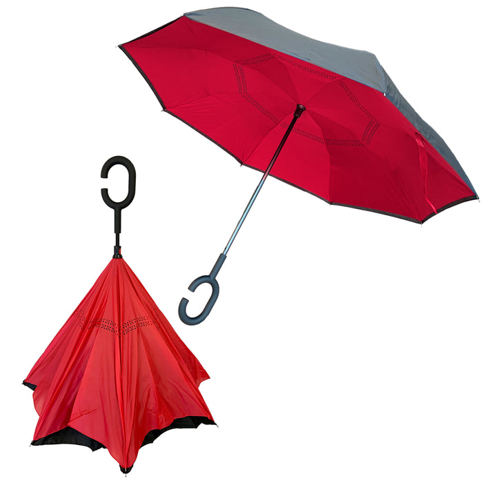 Reverse Folding Windproof Umbrella with C-Shaped Handle - Red